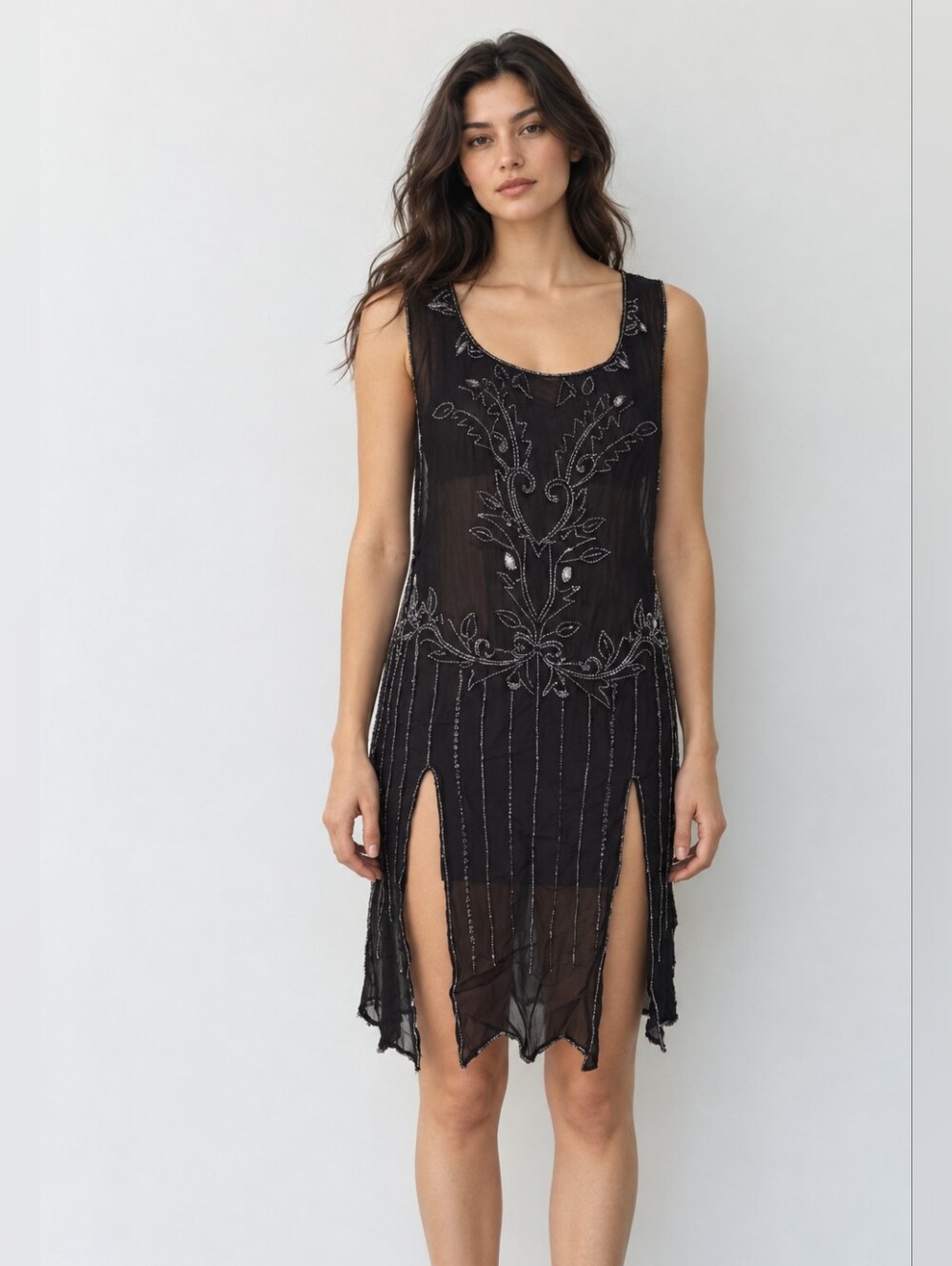 World Market Black Beaded Sheer Boho Long Tunic Cover Up S/M